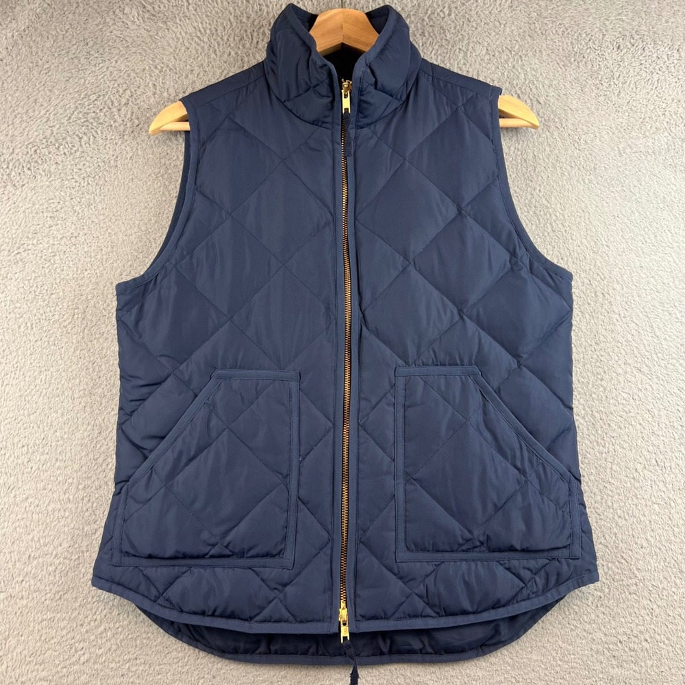 J.Crew Excursion Quilted Down Vest Navy Blue Womens Small Full Zip Gold Hardware